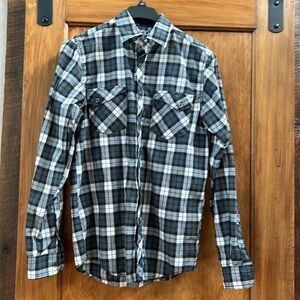 Men’s casual small plaid shirt. Black white grey.